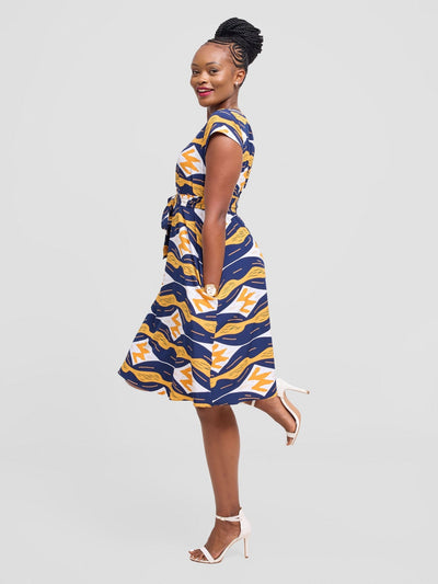 Vivo Basic Cap Sleeve Knee Length Tent Dress - Navy / Mustard Print - Shopzetu