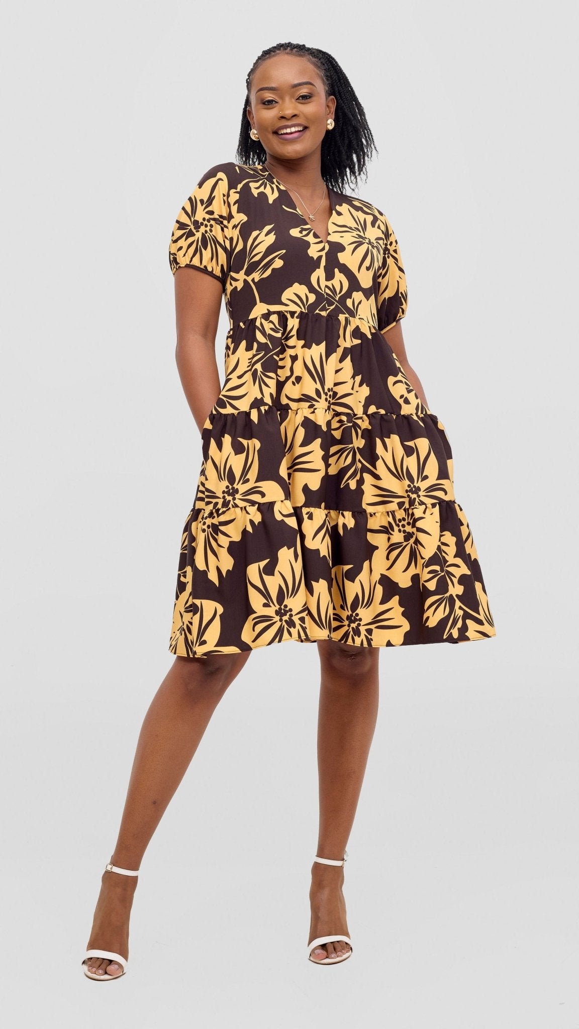 Vivo Wingu Three Tiered Knee Length Dress - Brown / Cream Print - Shopzetu