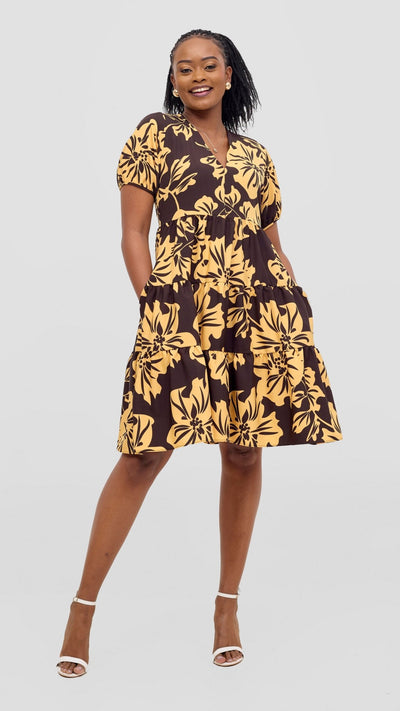 Vivo Wingu Three Tiered Knee Length Dress - Brown / Cream Print - Shopzetu