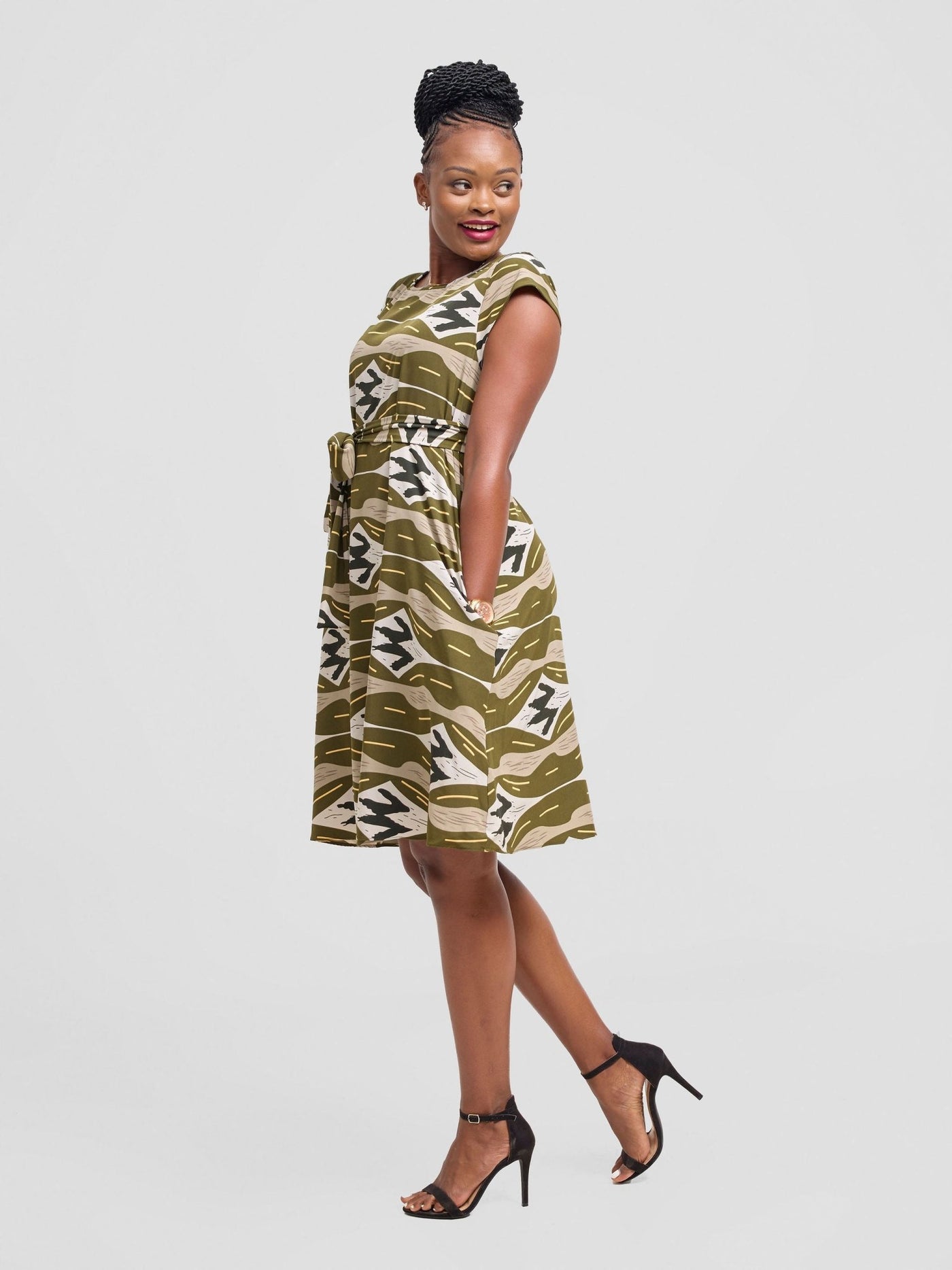 Vivo Basic Cap Sleeve Knee Length Tent Dress - Hunters / Grey Print - Shopzetu