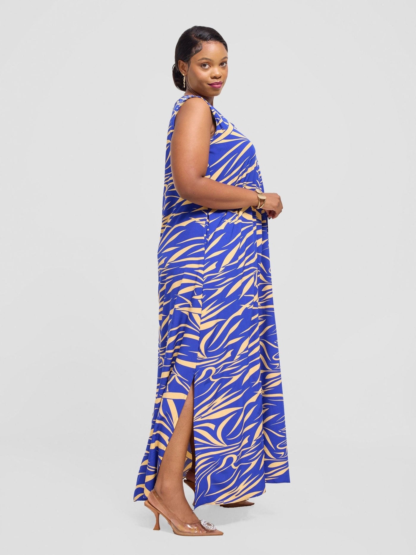 Vivo Ava Front Pleat Maxi Dress - Blue / Cream Ima Print - Shopzetu