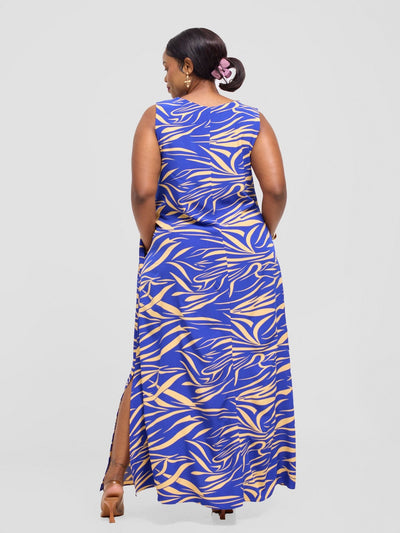 Vivo Ava Front Pleat Maxi Dress - Blue / Cream Ima Print - Shopzetu