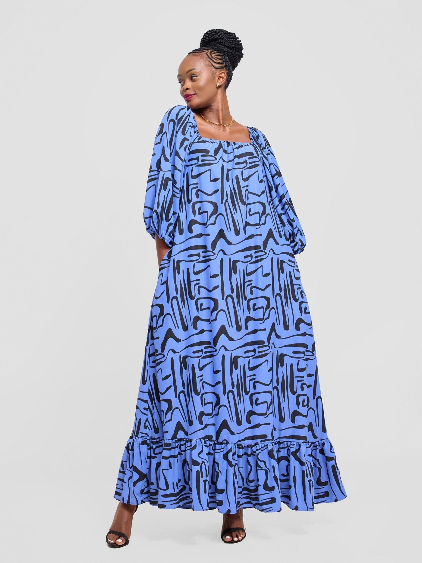 Vivo Serwa Square Neck Maxi Dress - Blue / Black Sera Print - Shopzetu