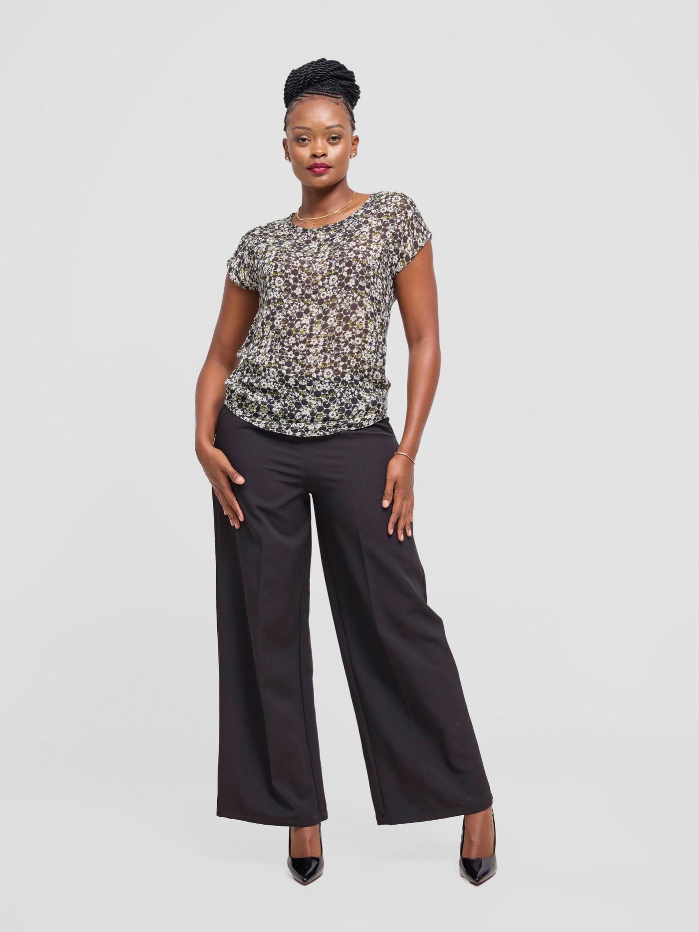 Vivo Basic Chiffon Dropped Shoulder Top - Black / Green Lora Print - Shopzetu