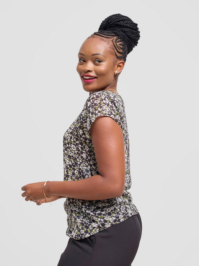 Vivo Basic Chiffon Dropped Shoulder Top - Black / Green Lora Print - Shopzetu