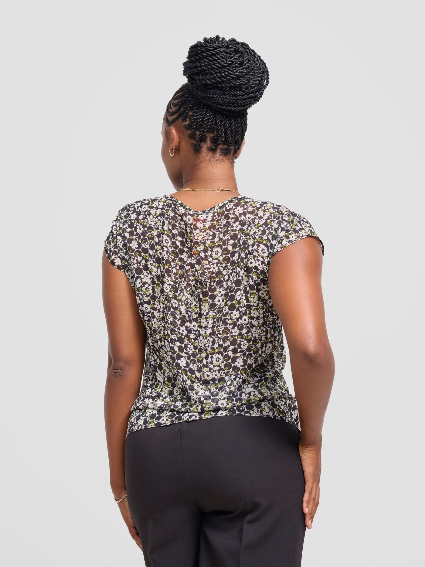 Vivo Basic Chiffon Dropped Shoulder Top - Black / Green Lora Print - Shopzetu