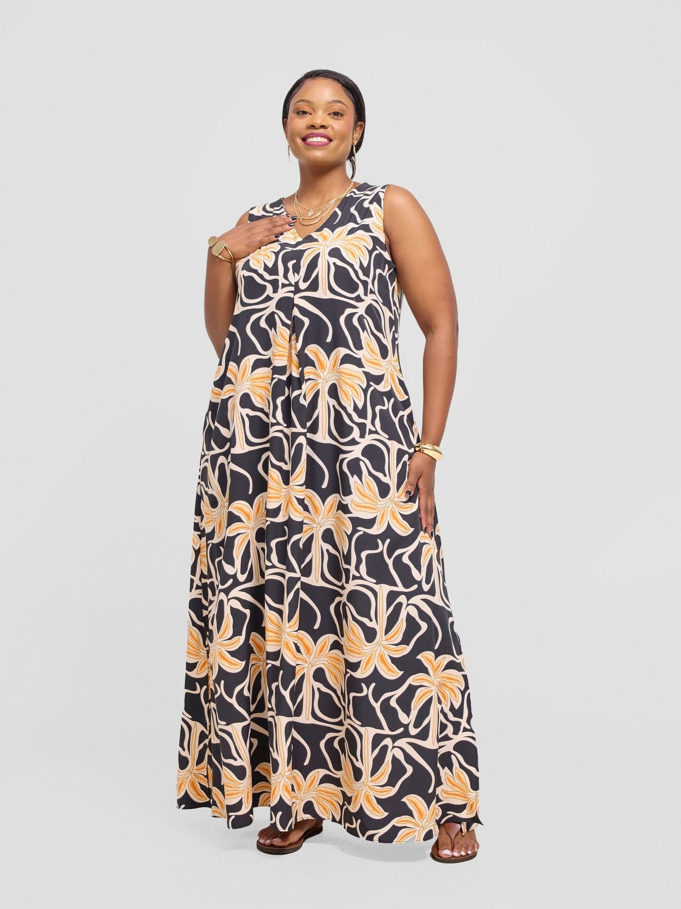 Vivo Ava Front Pleat Maxi Dress - Orange / Black Ala Print - Shopzetu