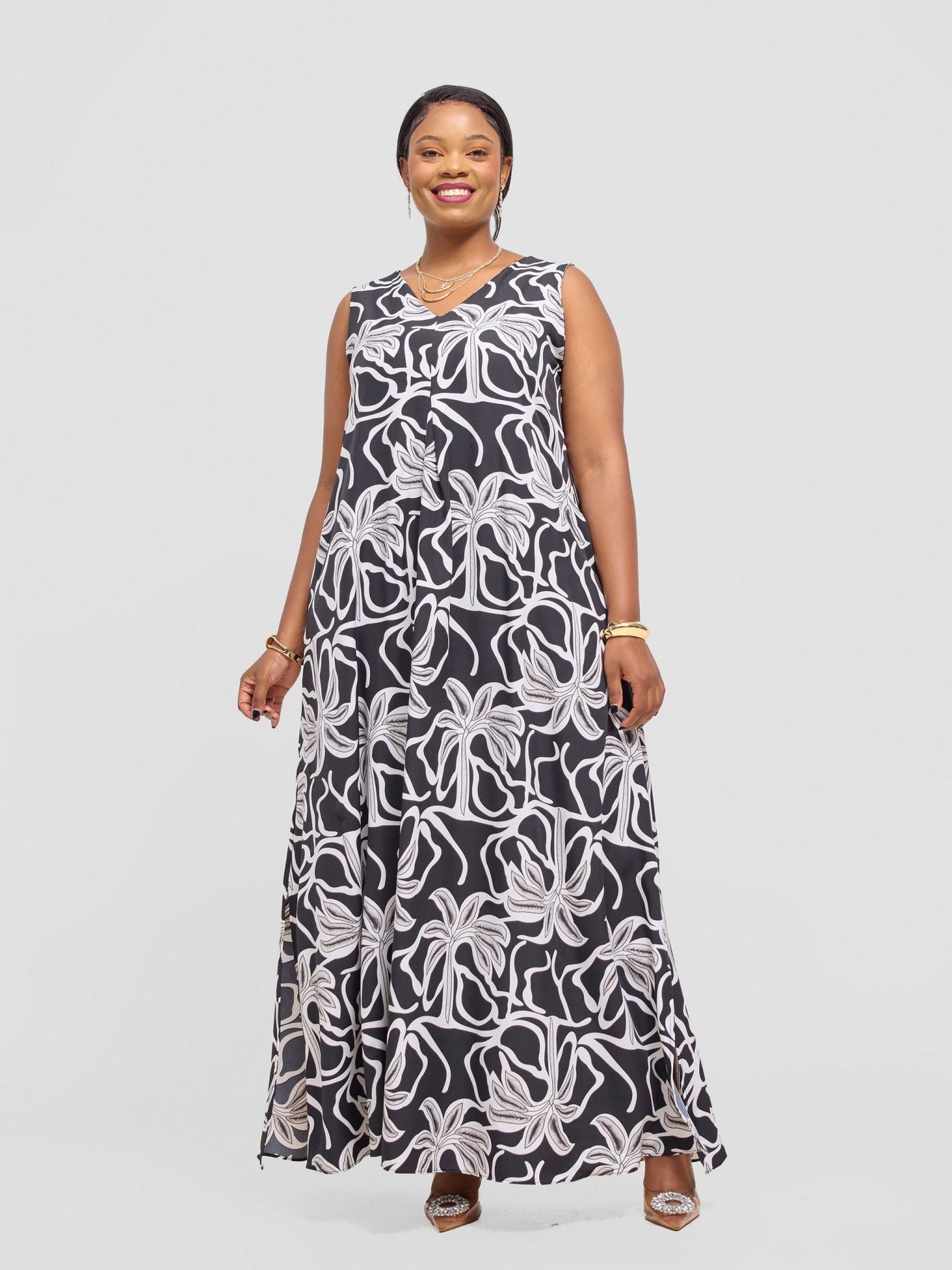 Vivo Ava Front Pleat Maxi Dress - Grey / Black Ala Print - Shopzetu