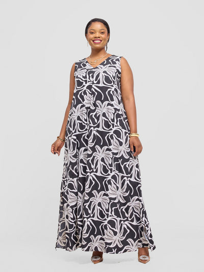 Vivo Ava Front Pleat Maxi Dress - Grey / Black Ala Print - Shopzetu