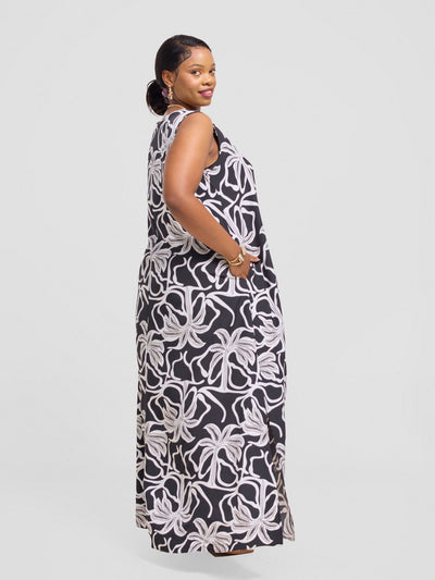 Vivo Ava Front Pleat Maxi Dress - Grey / Black Ala Print - Shopzetu