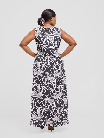 Vivo Ava Front Pleat Maxi Dress - Grey / Black Ala Print - Shopzetu