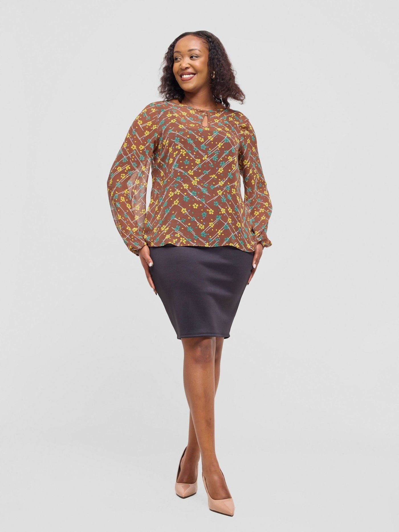 Vivo Sierra Bishop Sleeve Top - Brown / Yellow Lika Print - Shopzetu