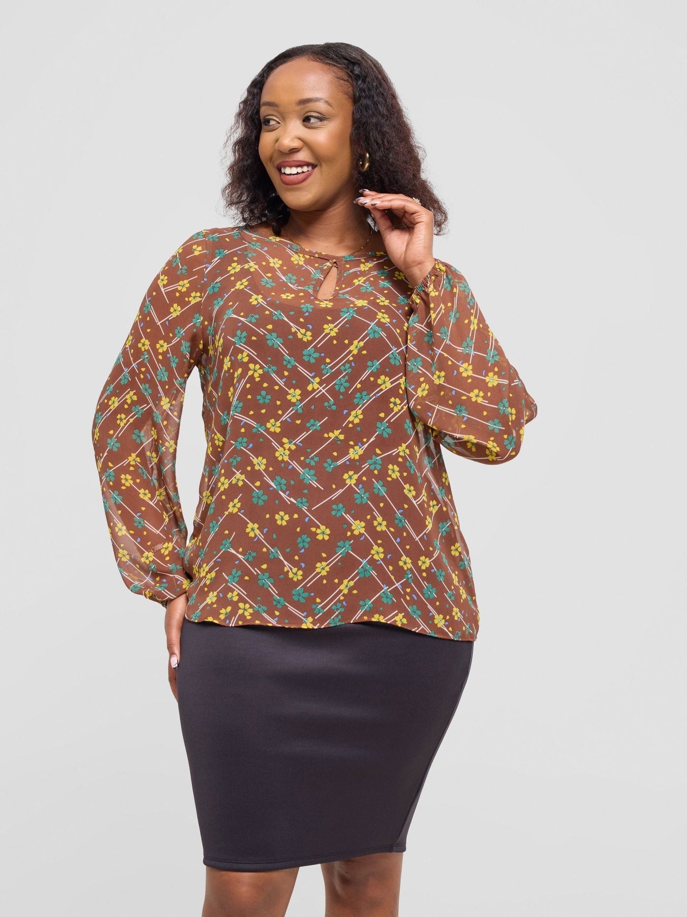 Vivo Sierra Bishop Sleeve Top - Brown / Yellow Lika Print - Shopzetu
