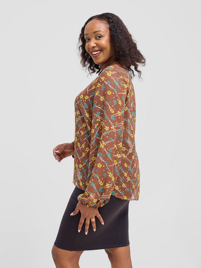 Vivo Sierra Bishop Sleeve Top - Brown / Yellow Lika Print - Shopzetu