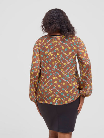Vivo Sierra Bishop Sleeve Top - Brown / Yellow Lika Print - Shopzetu