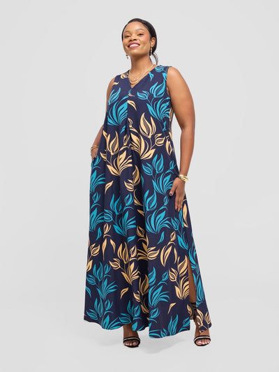 Vivo Ava Front Pleat Maxi Dress - Navy / Mustard Ama Print - Shopzetu
