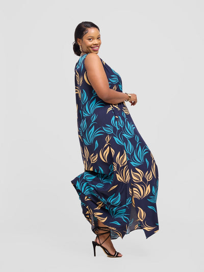 Vivo Ava Front Pleat Maxi Dress - Navy / Mustard Ama Print - Shopzetu