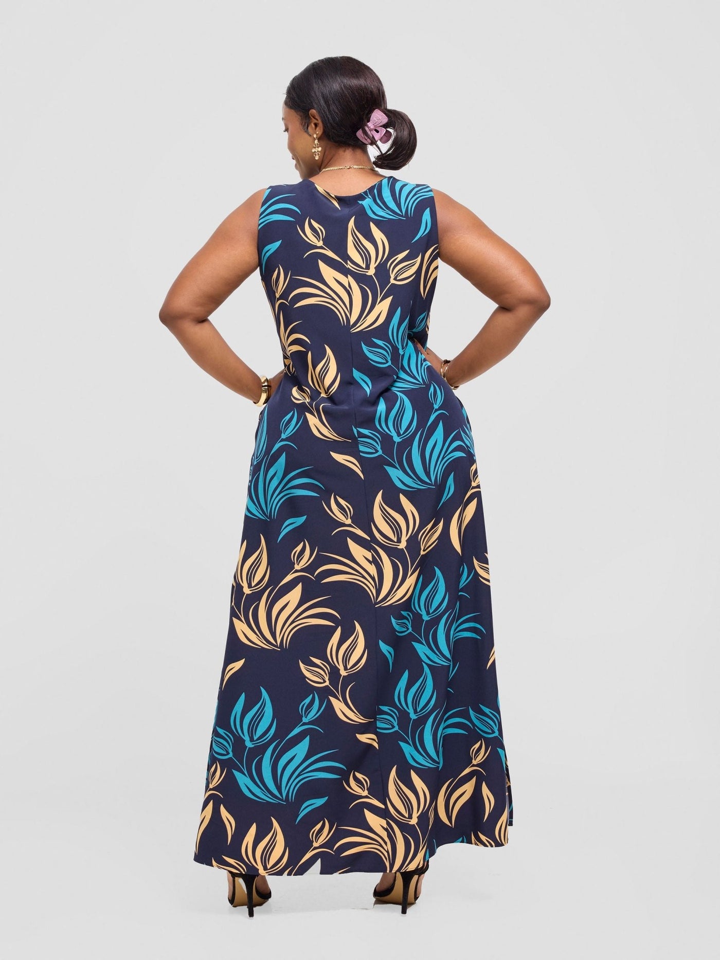 Vivo Ava Front Pleat Maxi Dress - Navy / Mustard Ama Print - Shopzetu