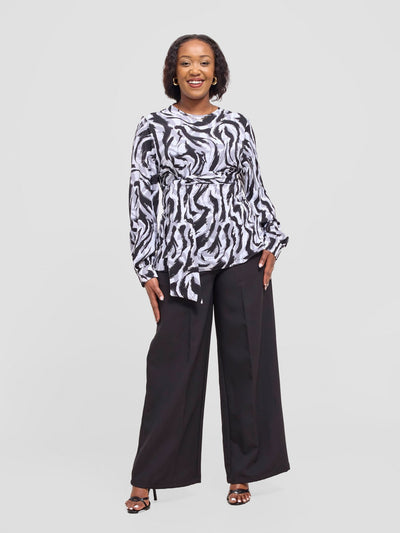 Vivo Laika Long Sleeve Tie Top - White / Black Una Print - Shopzetu