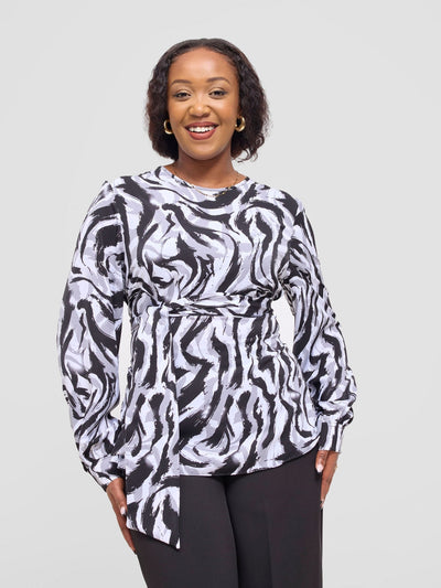 Vivo Laika Long Sleeve Tie Top - White / Black Una Print - Shopzetu
