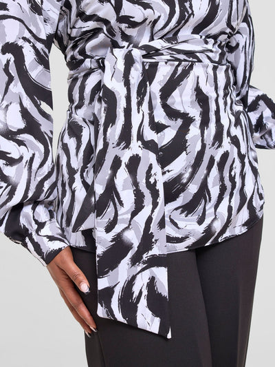 Vivo Laika Long Sleeve Tie Top - White / Black Una Print - Shopzetu
