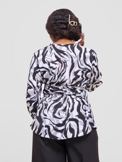 Vivo Laika Long Sleeve Tie Top - White / Black Una Print - Shopzetu