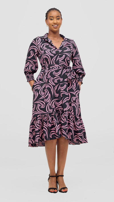 Vivo Serwa Flounce Dress - Black / Pink Print - Shopzetu