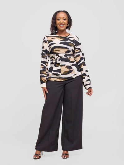 Vivo Laika Long Sleeve Tie Top - Cream Animal Print - Shopzetu