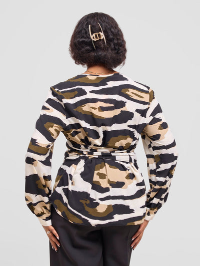 Vivo Laika Long Sleeve Tie Top - Cream Animal Print - Shopzetu