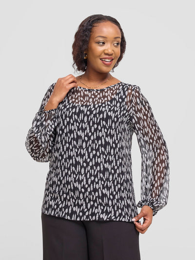 Vivo Basic Long Sleeved Bishop Top - Black / White Ifi Print - Shopzetu