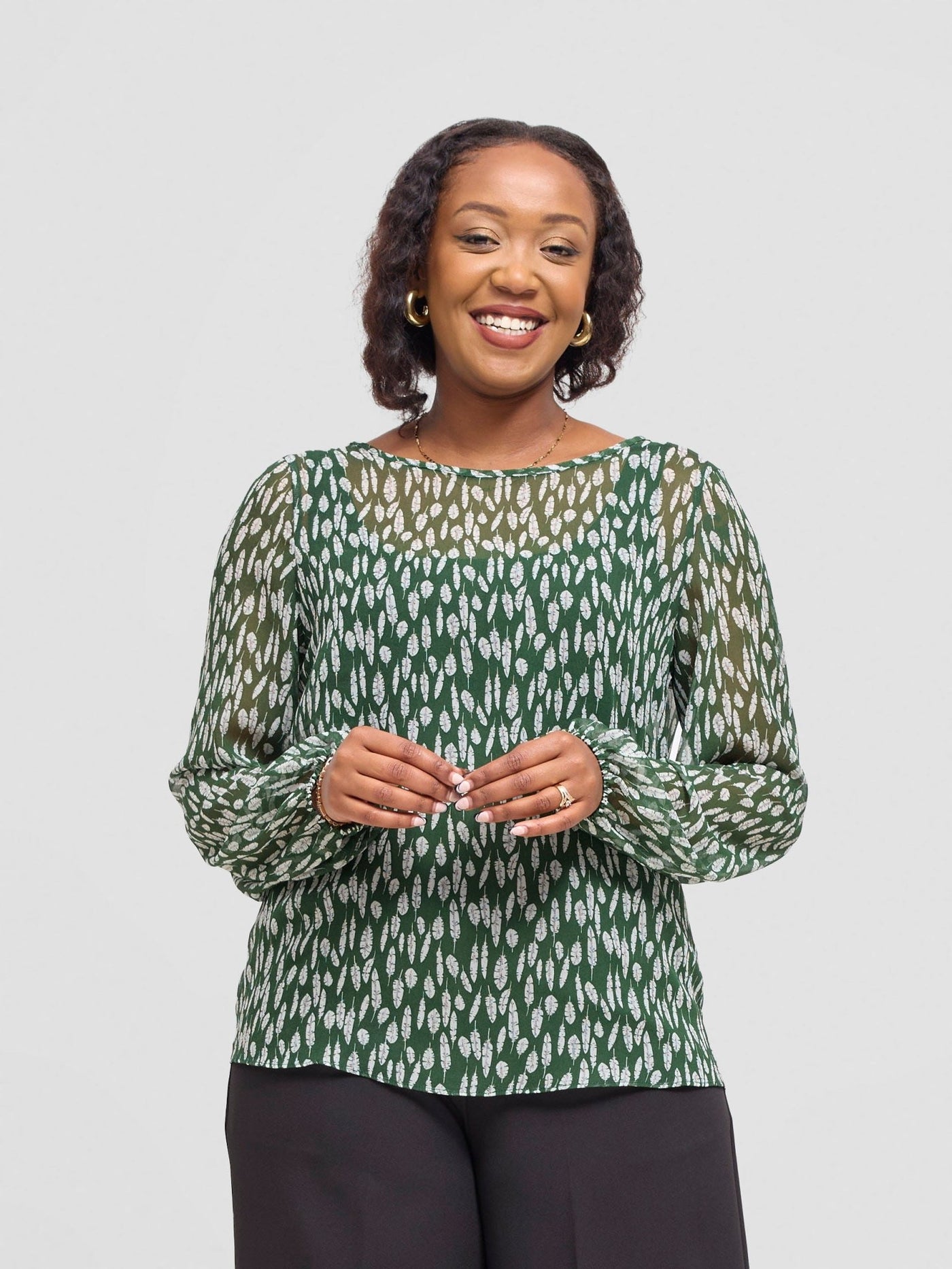 Vivo Basic Long Sleeved Bishop Top - Green / White Ifi Print - Shopzetu