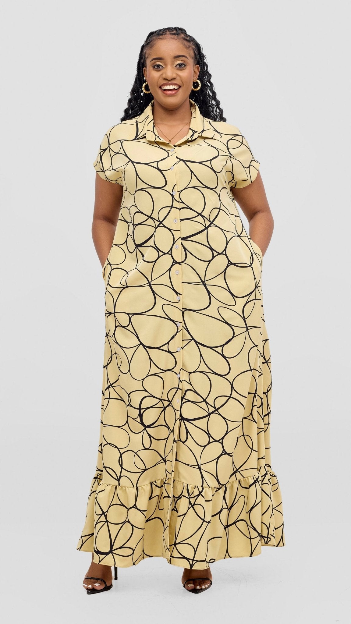 Vivo Asha Drop Shoulder Maxi Shirt Dress - Beige / Black Print - Shopzetu