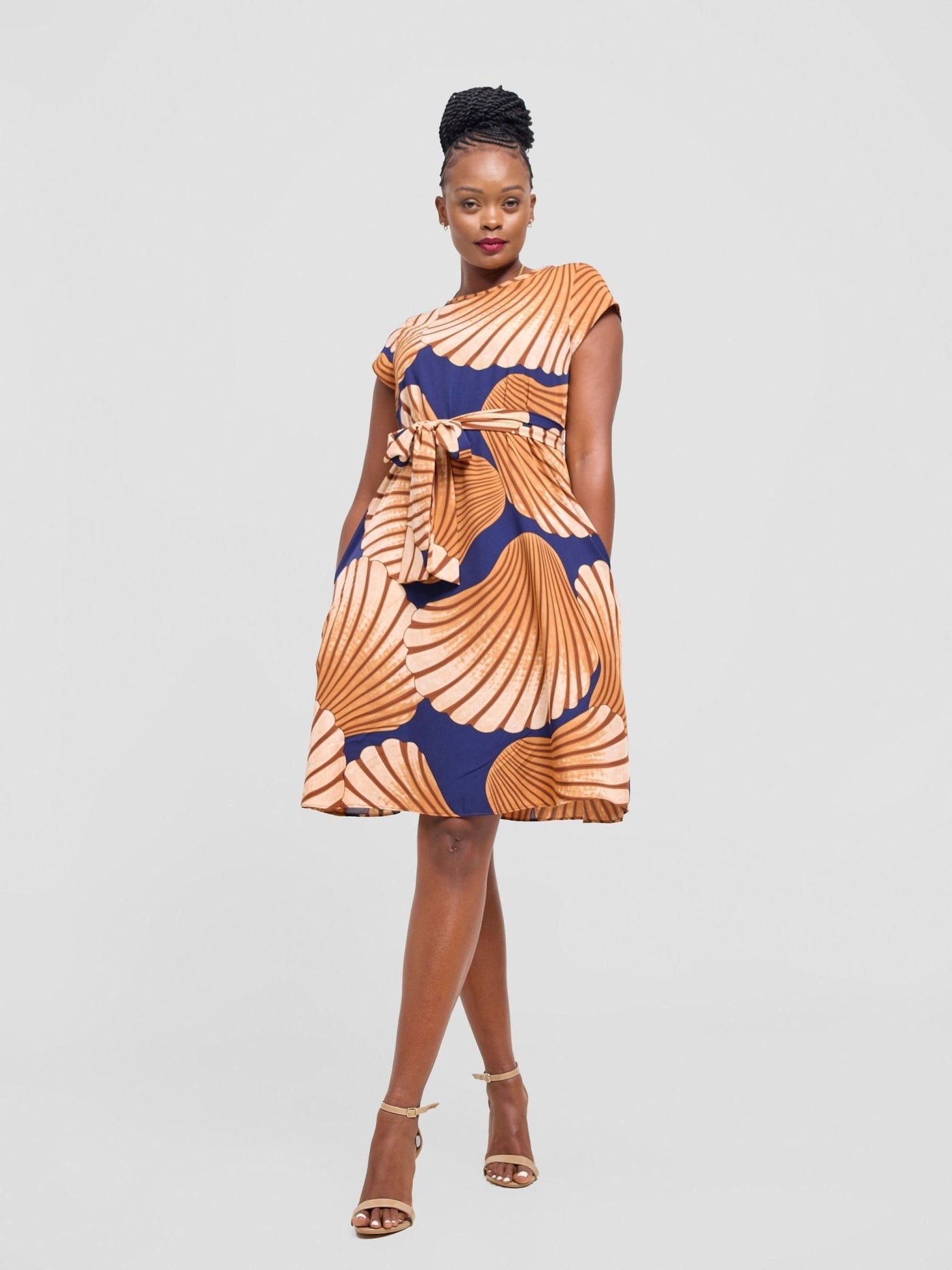 Vivo Basic Cap Sleeve Knee Length Dress - Brown / Cream Print - Shopzetu