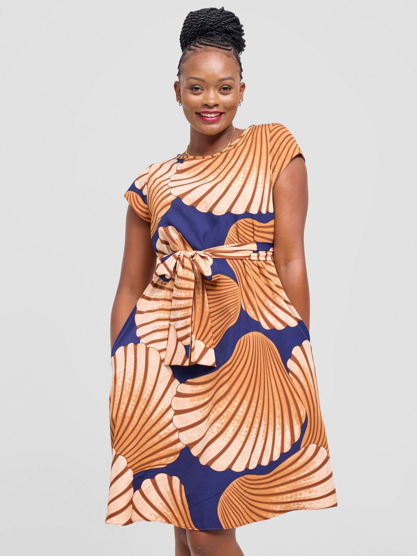 Vivo Basic Cap Sleeve Knee Length Dress - Brown / Cream Print - Shopzetu