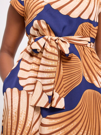 Vivo Basic Cap Sleeve Knee Length Dress - Brown / Cream Print - Shopzetu