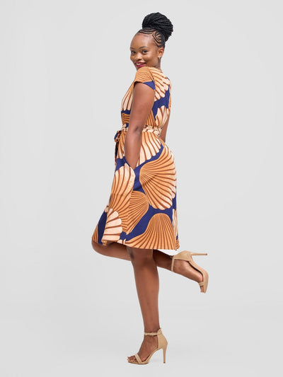 Vivo Basic Cap Sleeve Knee Length Dress - Brown / Cream Print - Shopzetu