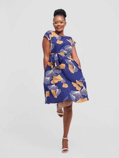 Vivo Basic Cap Sleeve Knee Length Dress - Navy / White Print - Shopzetu