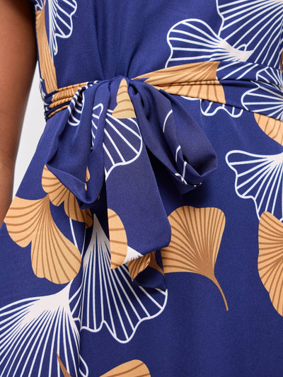 Vivo Basic Cap Sleeve Knee Length Dress - Navy / White Print - Shopzetu