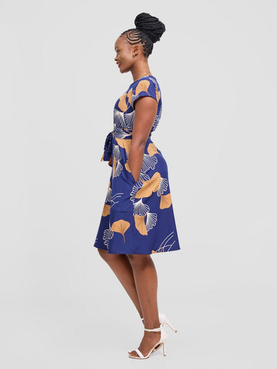Vivo Basic Cap Sleeve Knee Length Dress - Navy / White Print - Shopzetu