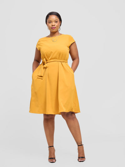 Vivo Basic Cap Sleeve Tent Knee Length Dress - Mustard - Shopzetu