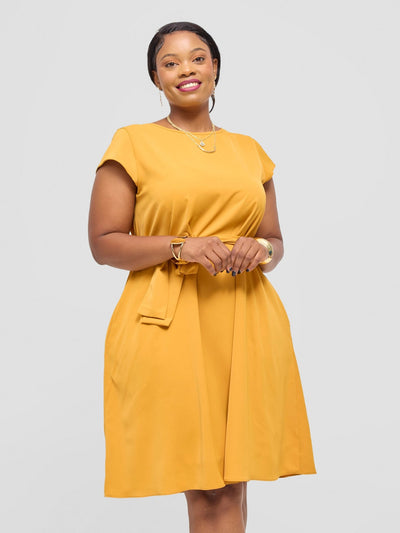 Vivo Basic Cap Sleeve Tent Knee Length Dress - Mustard - Shopzetu