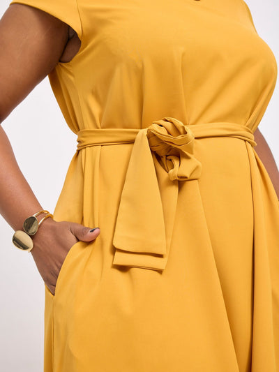 Vivo Basic Cap Sleeve Tent Knee Length Dress - Mustard - Shopzetu