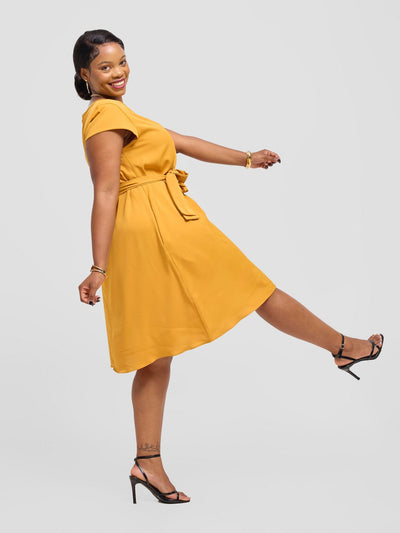 Vivo Basic Cap Sleeve Tent Knee Length Dress - Mustard - Shopzetu
