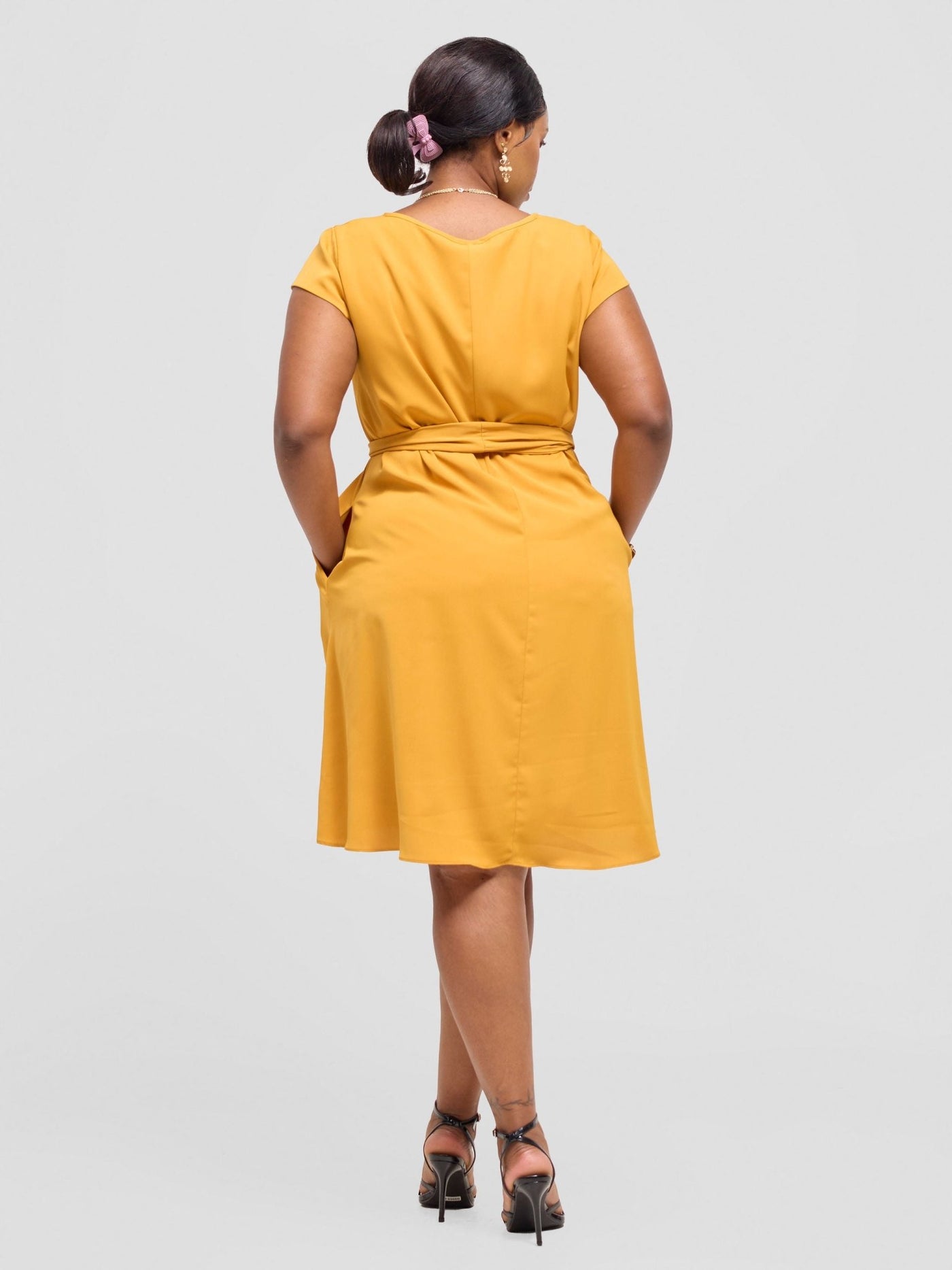 Vivo Basic Cap Sleeve Tent Knee Length Dress - Mustard - Shopzetu