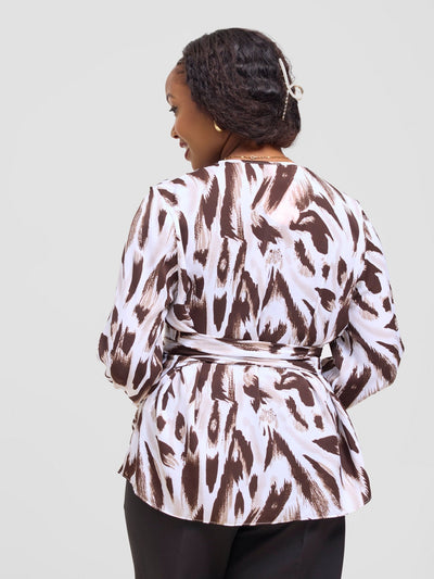 Vivo Laika Long Sleeve Tie Top - Chocolate / White Una Print - Shopzetu