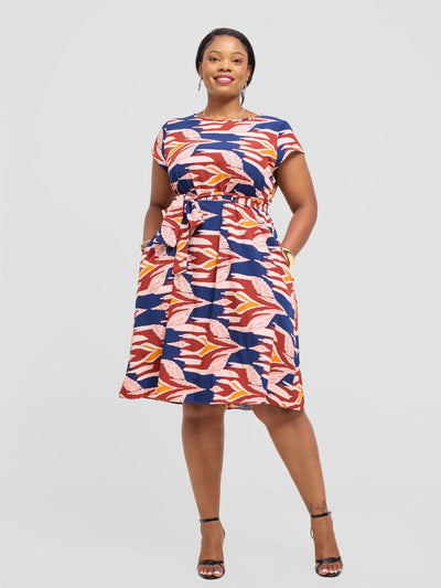 Vivo Basic Cap Sleeve Knee Length Tent Dress - Peach / Maroon Print - Shopzetu