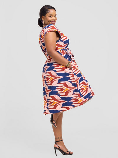 Vivo Basic Cap Sleeve Knee Length Tent Dress - Peach / Maroon Print - Shopzetu