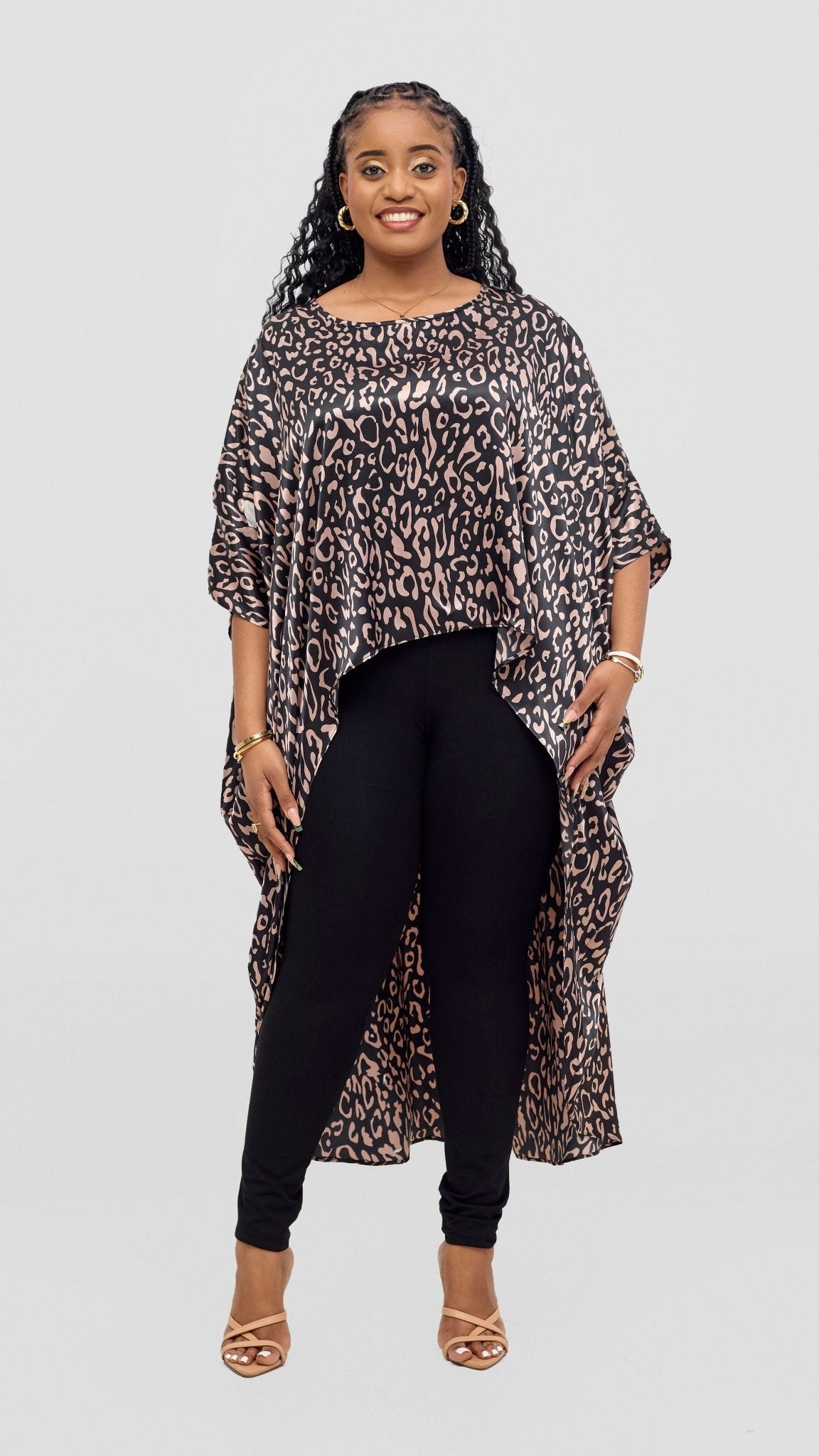 Vivo Satin High Low Top - Black / Taupe Print - Shopzetu