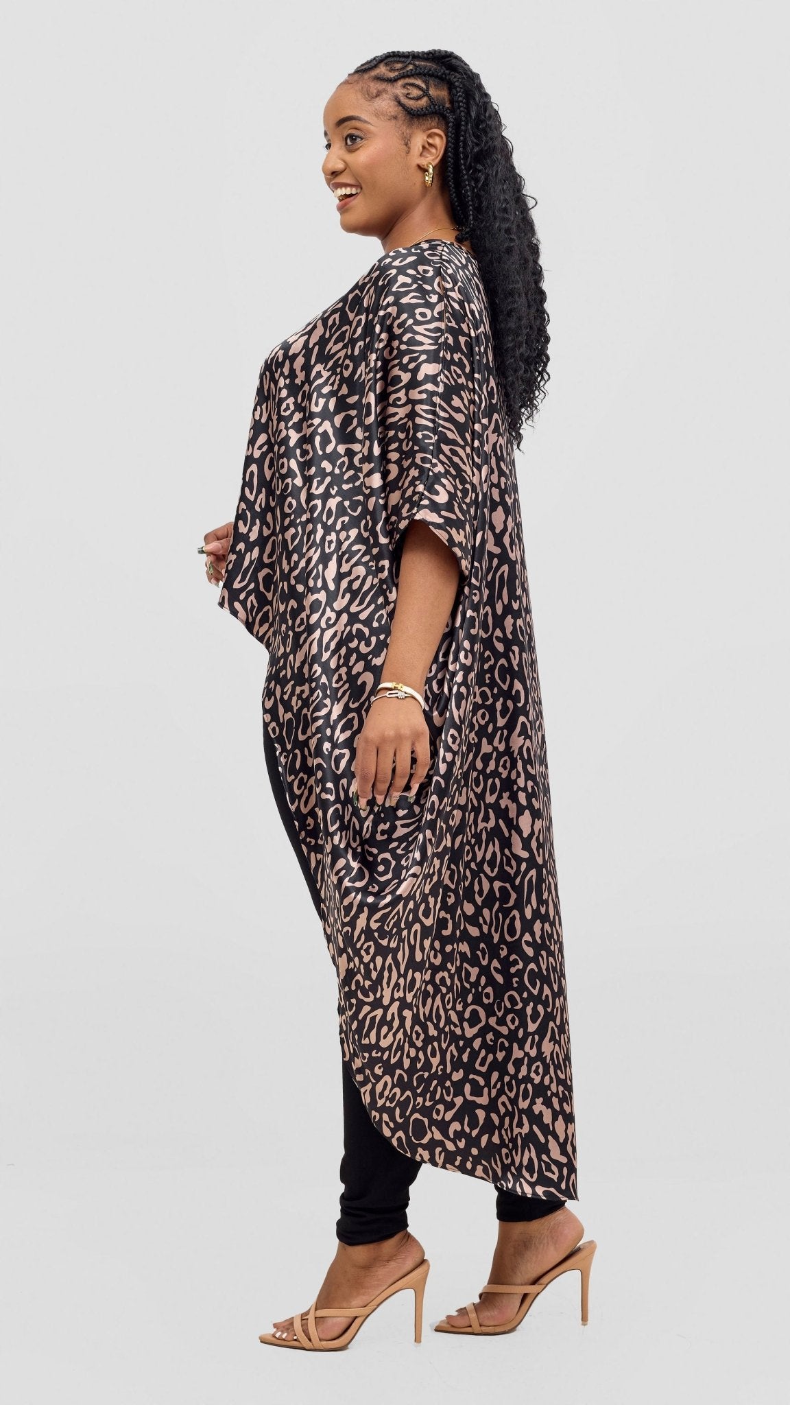 Vivo Satin High Low Top - Black / Taupe Print - Shopzetu