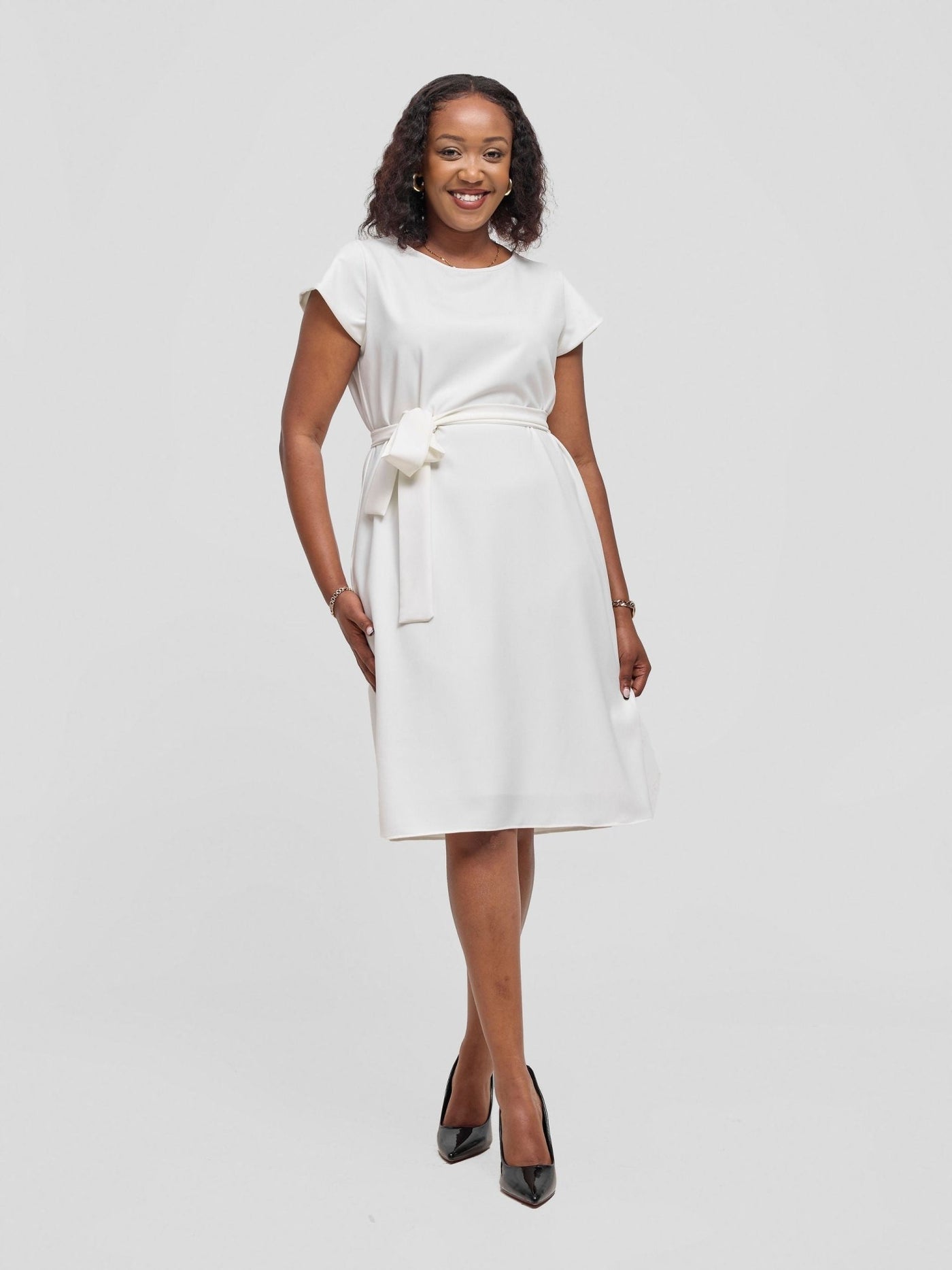 Vivo Muna Cap Sleeved Knee Length Dress - Off White - Shopzetu